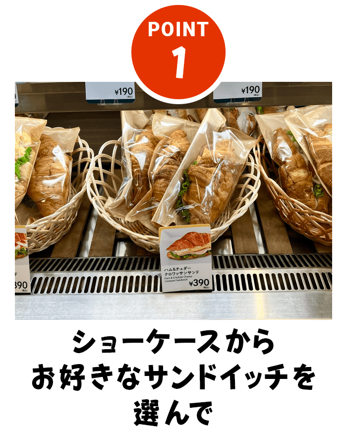 ショーケースからお好きなサンドイッチを選んで